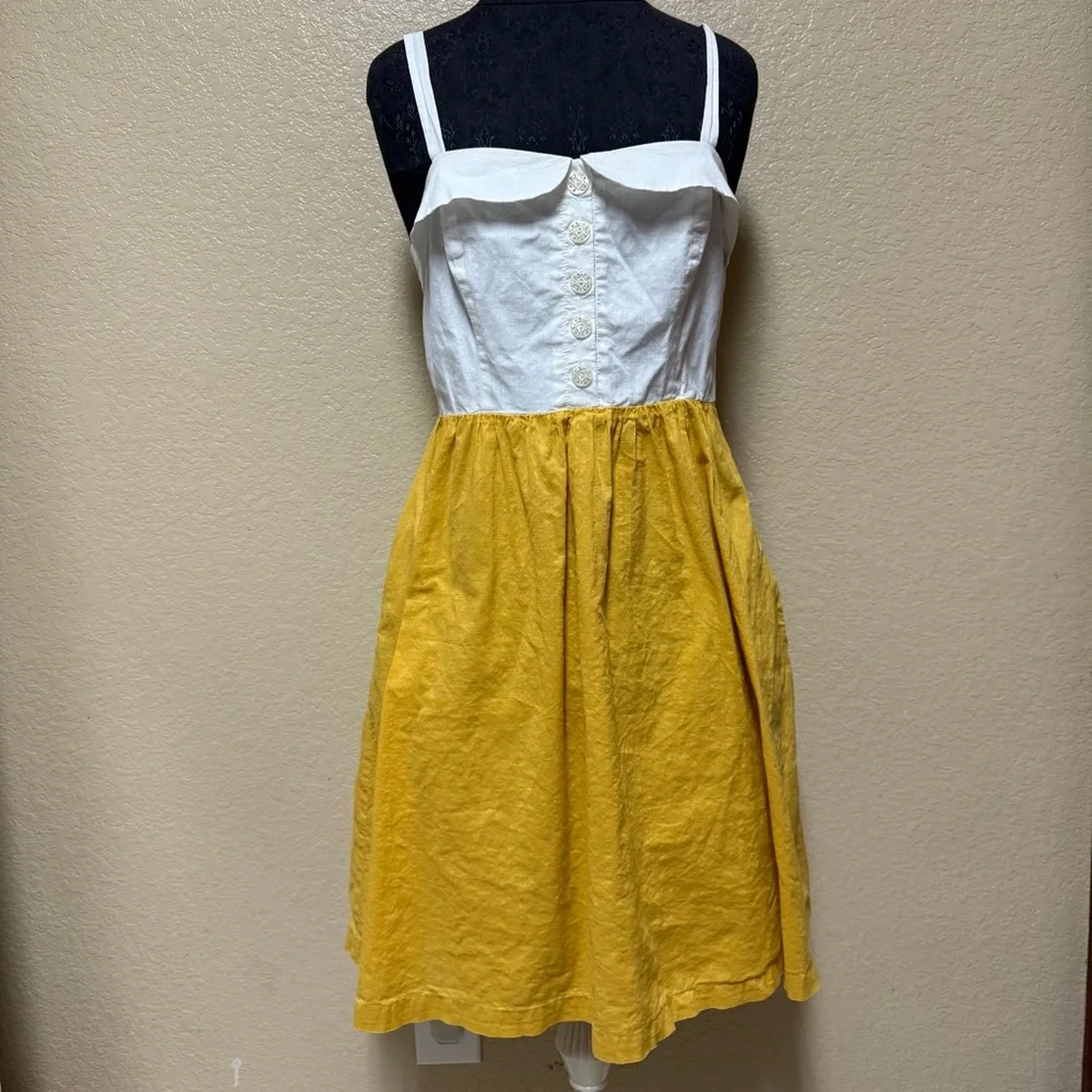 Anthropologie Maeve Vappu Dress in White & Mustard Yellow Retro Summer Dress 8 - Picture 1 of 5